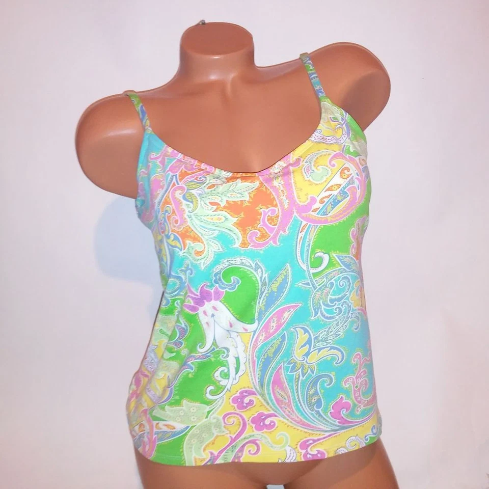 Ralph Lauren Swim Tankini Top Size 14 Green Yellow Pink Paisley Shelf Bra Colorf - Image 1 of 4