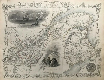 Mapa antiguo de 1851; este de Canadá: sur de Quebec y Nuevo Brunswick John Tallis/Rapkin Foto 1 de 4