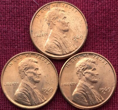 1969 D Lincoln Memorial Cent  BU Penny US Coin - Lot Of Three. - Image 1 of 2
