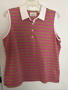 EP Pro Tour Tech Women’s Polo Shirt Pink Green Striped Sleeveless Large Golf EUC - Picture 1 of 10