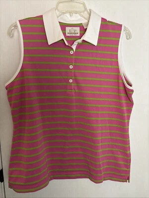 EP Pro Tour Tech Women’s Polo Shirt Pink Green Striped Sleeveless Large Golf EUC - Image 1 of 4