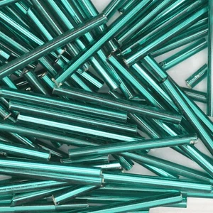 Czech Glass Bugle Beads 25mm ( 1 inch ) Teal Silver Lined - Picture 1 of 2