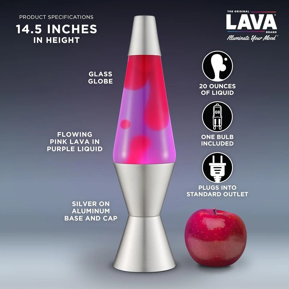 Lava Lite 2121 4002 Classic 14in 20 Oz Silver Based Lamp Pink Wax Purple Liquid