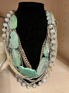 Green Agate and Opalite Necklace With Strands Of Gold Played Chains And Crystal - Picture 1 of 8