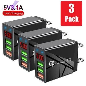 3 Pcs 3 Port USB Wall Quick Charger LED Display Fast Charging for iphone Samsung - Picture 1 of 9