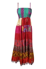 Women Sari Silk Maxi Dress, Red Handmade Party Evening Dress, Summer Beach S/M