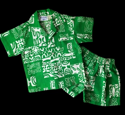 Camicia corta vintage Maluna Hawaii verde bianca set taglia 5T bambino Tiki hawaiano - Immagine 1 di 4