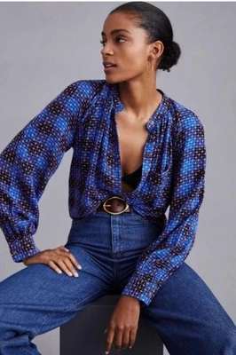 Camisa xadrez feminina Pilcro tamanho P motivo azul bordada Anthropologie - Imagem 1 de 4