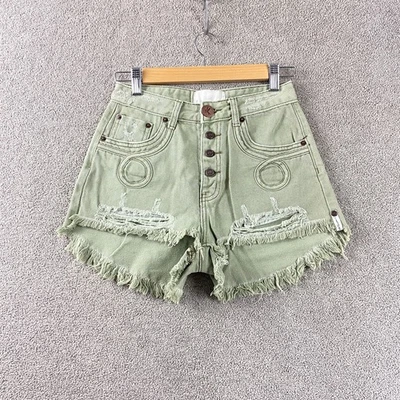 Pantalones cortos de mezclilla desgastados One Teaspoon 12 botones de tiro alto dobladillo deshilachado triturado Foto 1 de 4