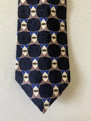 Countess Mara Men's Necktie Tie Silk Satin Black Blue Ivory Geometric Made USA - Image 1 of 4