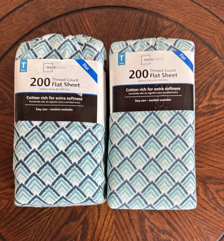 2 nuevas sábanas planas gemelas Mainstays - patrón de vieira Ikat verde azulado Foto 1 de 2