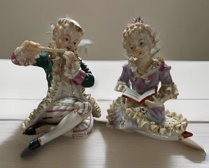Figuras de lectura Trimont Ware Japón niño tocando flauta y niña - Etiqueta original - Imagen 1 de 9