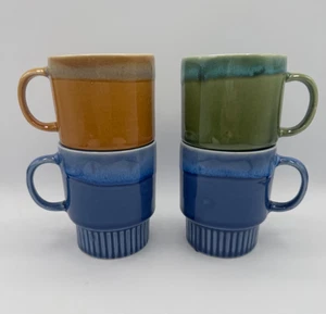 Set Of 4 Retro Stackable 1970s Coffee Drip Glaze Mugs/Cups Blue, Green, Gold MCM - Bild 1 von 13