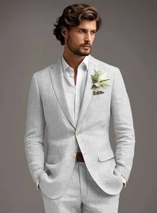 Chic Linen Men Suits Single Breasted Notch Lapel Formal Prom Groom Wear - Picture 1 of 24