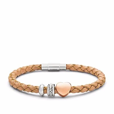 NUEVO-PULSERA FÓSIL TRENZADO CUERO NEUTRO CRISTAL CORAZÓN ENCANTO JF01567998 Foto 1 de 2