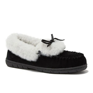 Lands' End Women's Fluffy Lined Indoor Outdoor Moccasin Slippers, Black Suede, 9 - Picture 1 of 10