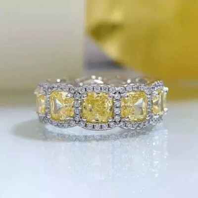 14K White Gold finish 2Ct Cushion Lab-Created Canary Yellow Diamond Wedding Ring - Image 1 of 4