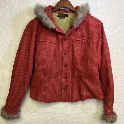 Ariat Corduroy Hooded Jacket Womens Large Muted Red Snaps Fur Cuffs Pockets - Imagem 1 de 4