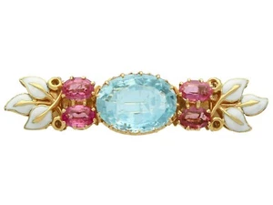 2.84 Ct Aquamarine and 1.32 Ct Morganite Enamel and 15k Yellow Gold Brooch - Picture 1 of 9