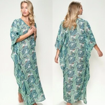 Vestido Ayaeo Botânico Seda Verde Palma 100% Kaftan Cobertura Tamanho Pequeno/Médio - Imagem 1 de 4
