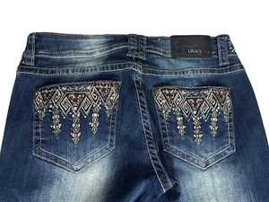 Grace In LA Jeans Women 27 X 30 Blue Bootcut Low-Rise Denim Embroidered HEMMED - Picture 1 of 9