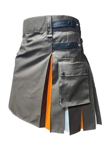 Men's Scottish Khaki Leather Strap Cotton orange and white pleat Kilt Size 28-62 - Picture 1 of 4