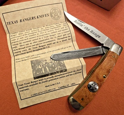 old WESTERN USA TEXAS RANGER Pocket knife -  Damascus Curly Maple Trapper - NOS - Image 1 of 4