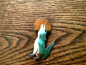 Indianer-signierte RLH-Sterling & Kupfer Wolf heult auf dem Mond Brosche/Anstecknadel - Bild 1 von 4