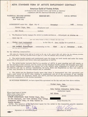 MEL BLANC - CONTRACT SIGNED 11/21/1940 CO-SIGNED BY: RUDY VALLEE Cover