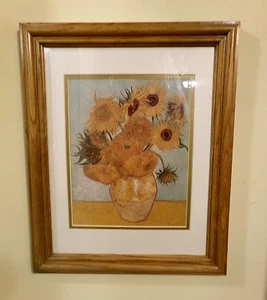 Solid Wood Framed and Matted ART PRINT - VINCENT VAN GOGH's SUNFLOWERS - Picture 1 of 9
