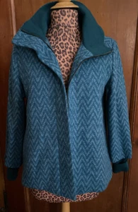 Women's Coat Jacket Teal Blue Gray Zip Button Chevron Wool Blend M PrAna Lily - Picture 1 of 12