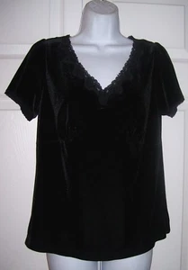 Para mujer Blusa Top Mediana Terciopelo Negro Cuello en V Encaje Recortado Mangas Cortas Nueva   - Imagen 1 de 3