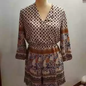 Alga Women's size L Boho Romper Shorts Tan Blue Cream Ethnic print 3/4 sleeve - Picture 1 of 9