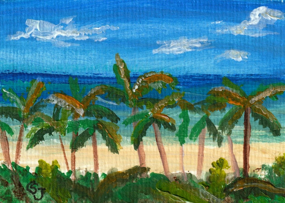 Pintura acrílica original ACEO palmeiras praia oceano arte assinada por CS Jackson - Imagem 1 de 1