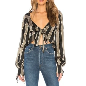 Revolve NBD Jefe Striped Crop Top Size XXS Black Gold Tie Front Date Night Out - Picture 1 of 14