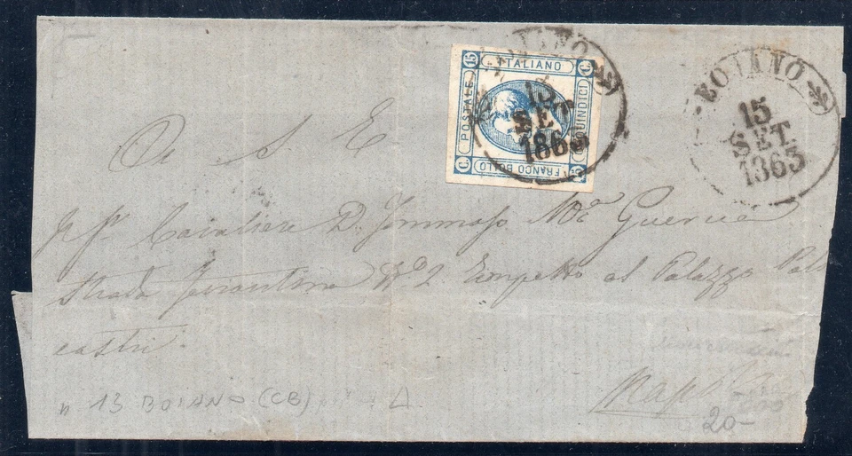 1863 (15 SET) VE II 15 c  Litografico BOIANO per NAPOLI - frontespizio - Immagine 1 di 1