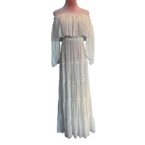 USA Made NWT MISA Los Angeles Tiered Long Dress White DOT W/ Metallic Silver S - Picture 1 of 12