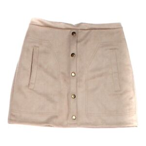Tan Mini Medium Skirt Faux Suede Button Front Faux Suede Pockets Stretch Teen