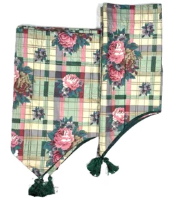 2 Custom Valances Wide Short Curtains Vintage Green Pink Plaid Rose Print Pastel - Picture 1 of 6