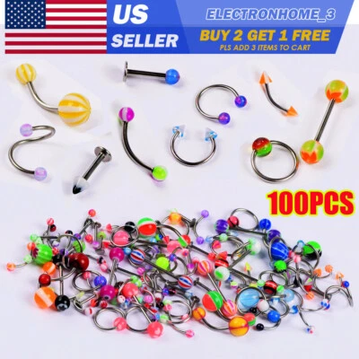 100PCS Mix Lip Eyebrow Piercing 316L Steel Cartilage Earrings Navel Nose Rings - Image 1 of 4