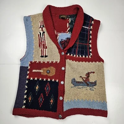 Vtg Eddie Bauer Wool Sweater Vest Women Medium Colorblock Button USA Flag Native - Image 1 of 4