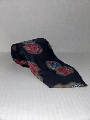 Andre Gianni Italiano Seda Geométrica Azul Marino Diseñador Traje Corbata Corbata Cosida a Mano Foto 1 de 4