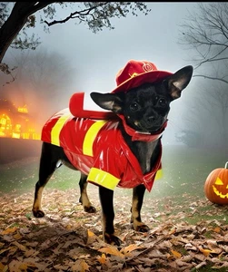 Neu mit Etikett Party Hund Haustier Feuerwehrmann Halloween Kostüm mit Hut - Größe XS/S - Bild 1 von 9