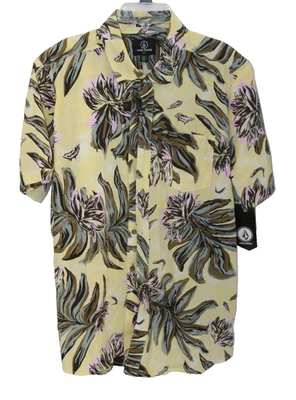 Volcom Marble Floral Button Up Short Sleeve Yellow Classic Fit Men's Size M - Image 1 of 4
