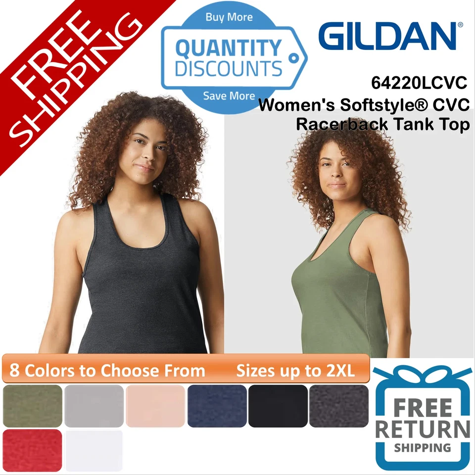 🔥 Camiseta sin mangas Gildan para mujer estilo suave CVC espalda deportiva hilada en anillo hasta 2XL 64220LCVC Foto 1 de 1