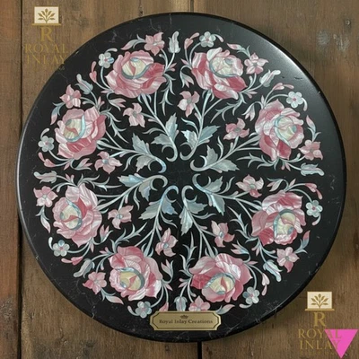 Handcrafted Round Black Marble Coffee Table with Pink Gemstone and MOP 30" - Image 1 of 4