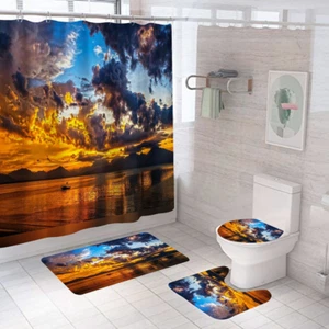 Seaside Sunset Bath Shower Curtain Bathroom Rug Floor Mat Toilet Seat Cover - Picture 1 of 19
