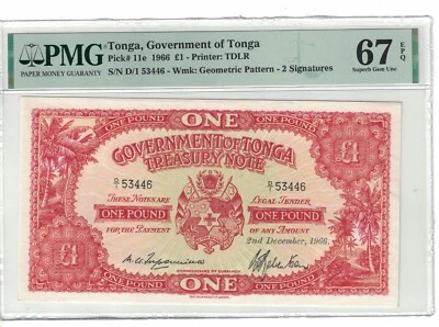 Tonga "TOP POP" 1 Pound 1966 Pick# 11e PMG: 67 EPQ GEM UNC. #PL1985 - Image 1 of 2