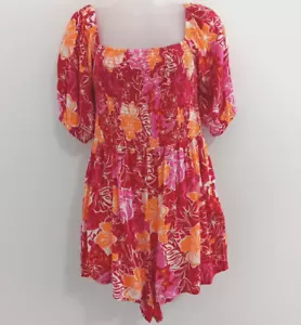 NWT Roxy Romper Medium Milkmaid Hawaiian Floral 3/4 puff Sleeve Travel Beachy - Picture 1 of 13