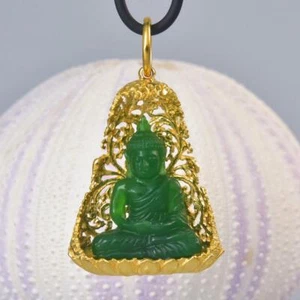 Buddha Image Gold Vermeil Sterling Bodhi Tree Green Chalcedony Pendant 13.16 g - Picture 1 of 9
